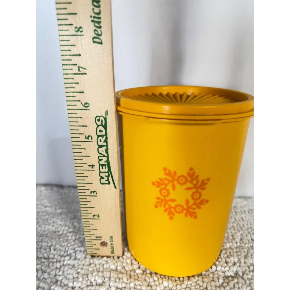 Vintage Tupperware Yellow Servalier Canister 811-4 Sunburst Lid Orange Floral‎